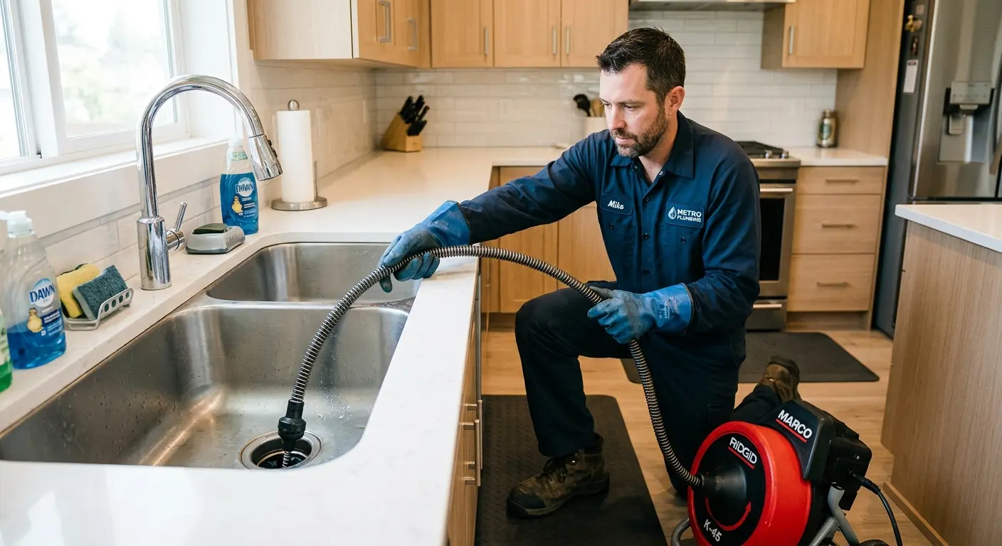 Drain cleaning technician using a motorized snake on a kitchen sink in Willow Park