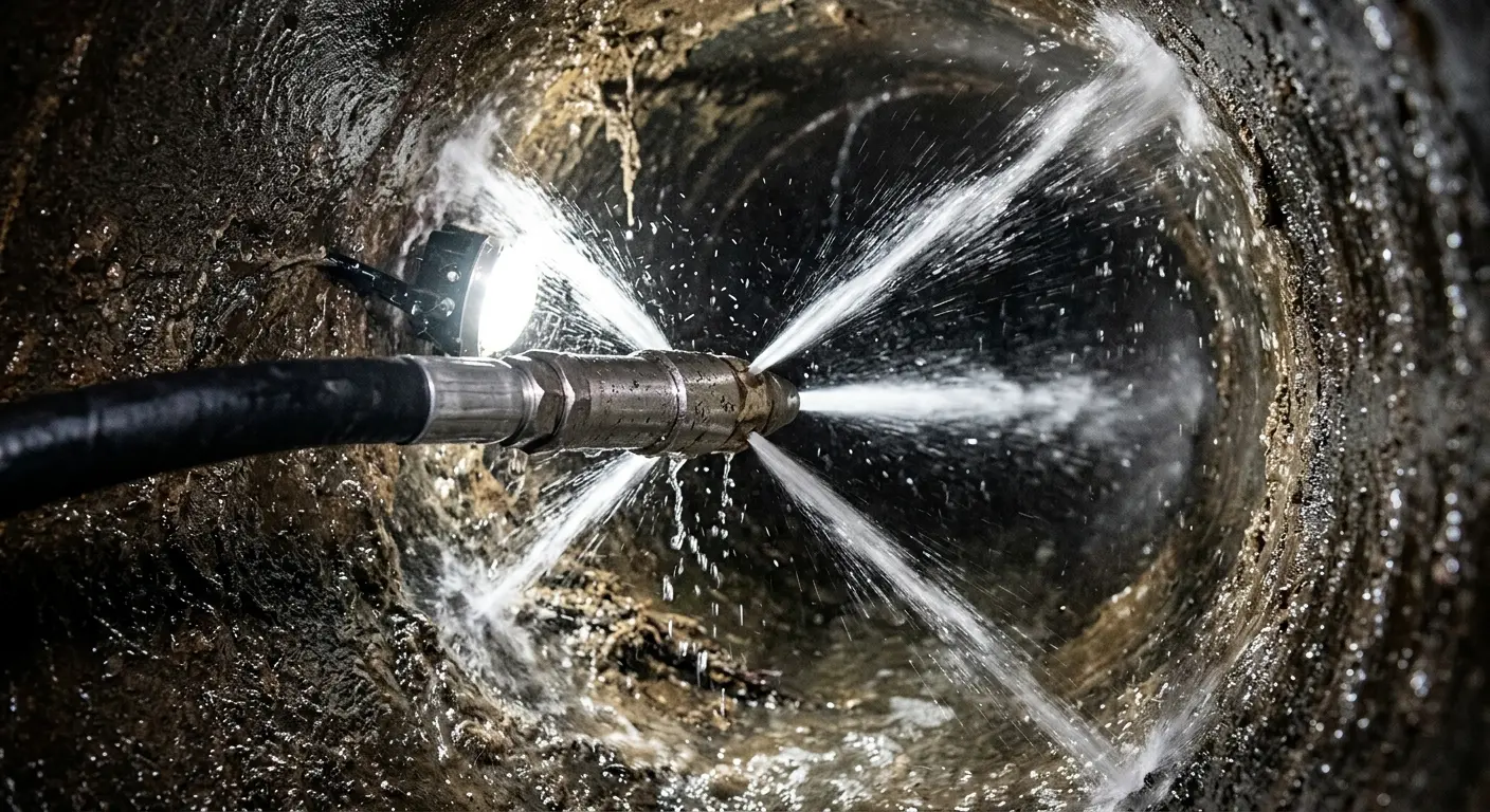 High-pressure hydro jetting nozzle cleaning sewer pipe for Emergency Drain Service in Willow Park