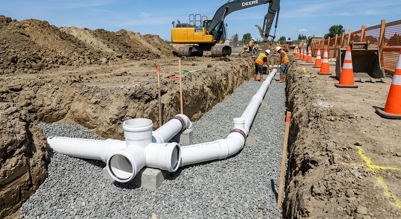 New PVC sewer pipe installation in open trench for Sewer Backup in Willow Park